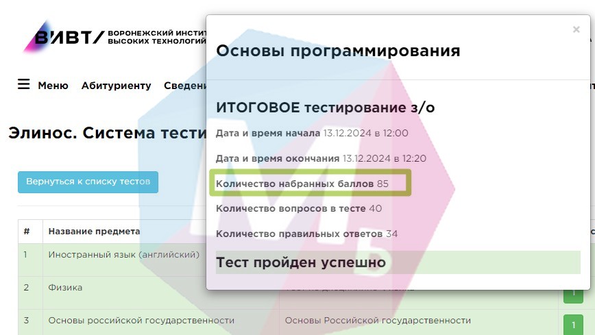 результаты сдачи теста по основам программирования, ВИВТ