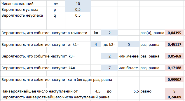 задача про детей в семье по формуле Бернулли в Excel